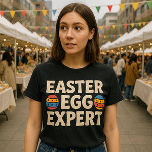 Lifestyle shot of the "Easter Egg Expert" black easter shirts in a real-world setting