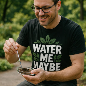 "Water Me Maybe" black botany t shirt, photographed as gifts for botany lovers