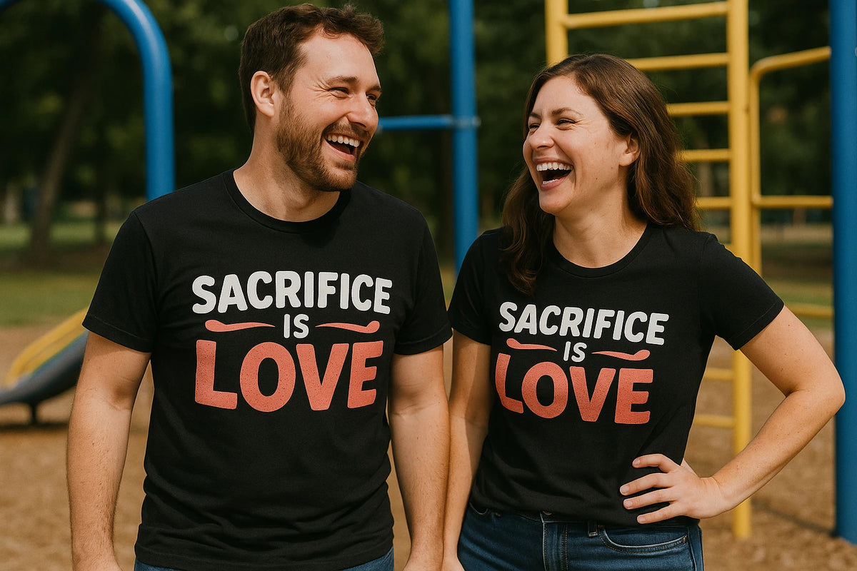 Person wearing the black mom life tee graphic tee - "Sacrifice Is Love" design