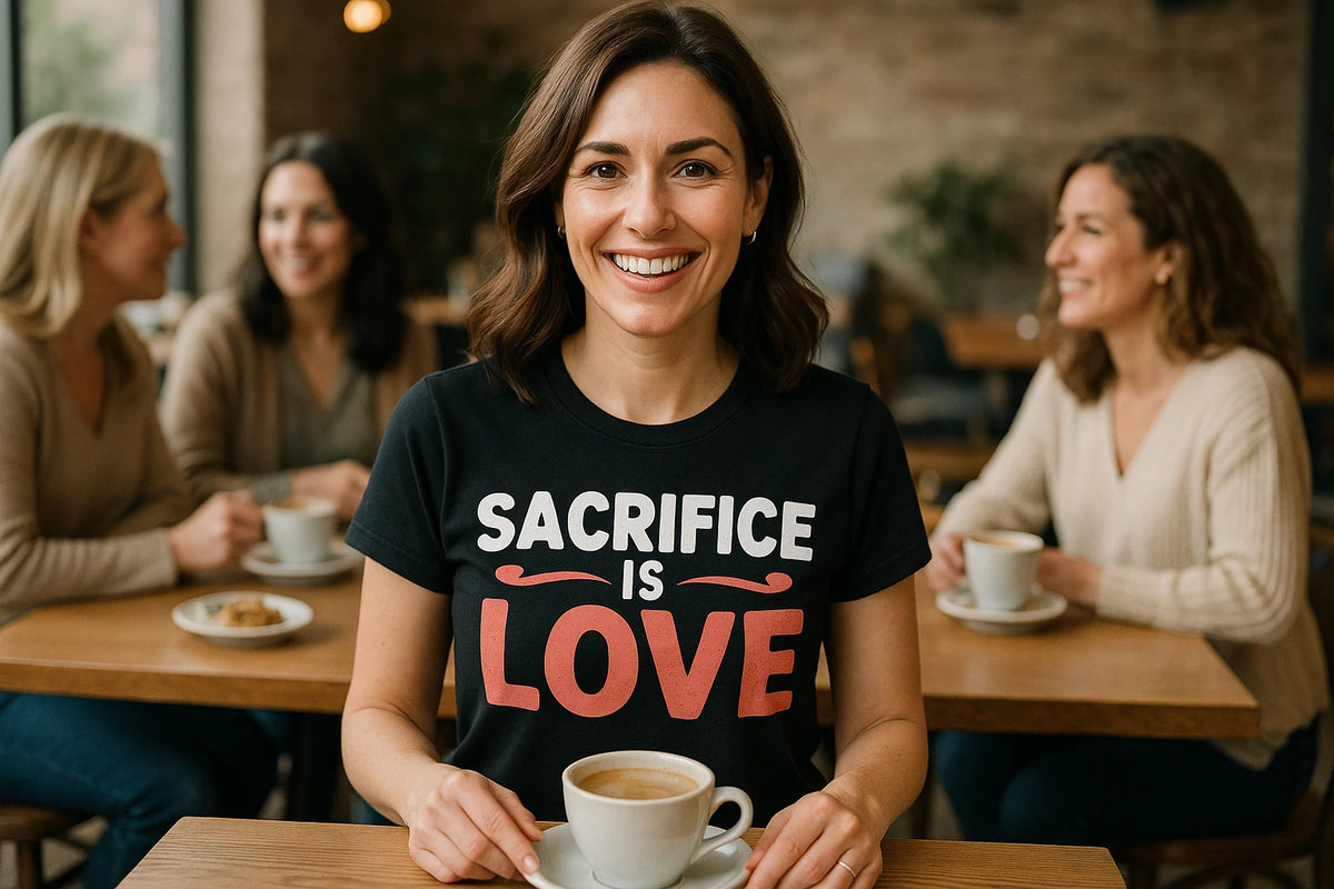 Lifestyle shot of the "Sacrifice Is Love" black mom life tee in a real-world setting