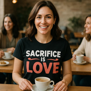 Lifestyle shot of the "Sacrifice Is Love" black mom life tee in a real-world setting