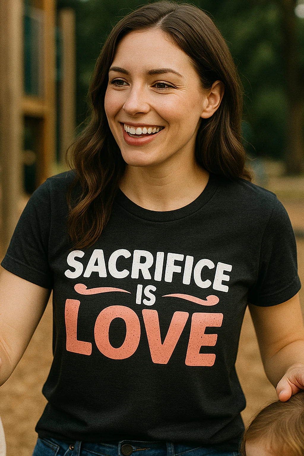 "Sacrifice Is Love" black mom life tee, photographed as mom life lover gift