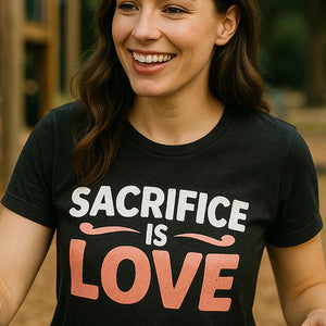 "Sacrifice Is Love" black mom life tee, photographed as mom life lover gift