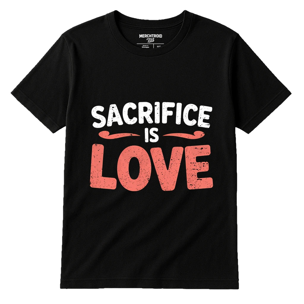 Black Mom Life Tee - "Sacrifice Is Love" graphic tee with orange print, flat lay product photo