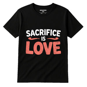 Black Mom Life Tee - "Sacrifice Is Love" graphic tee with orange print, flat lay product photo