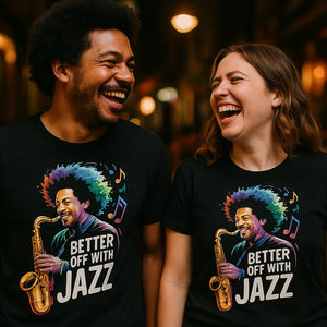 Person wearing the black jazz music t shirt graphic tee - "Better Off With Jazz" design