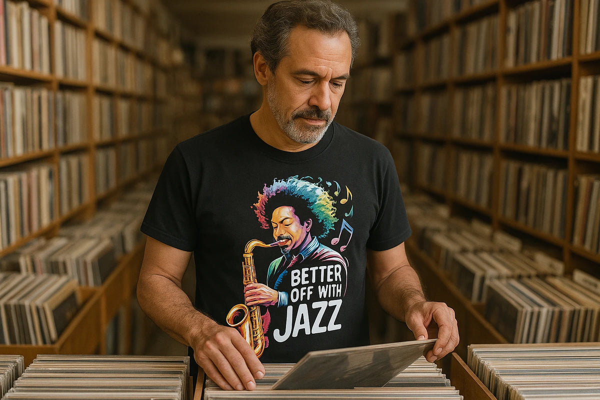 Lifestyle shot of the "Better Off With Jazz" black jazz music t shirt in a real-world setting