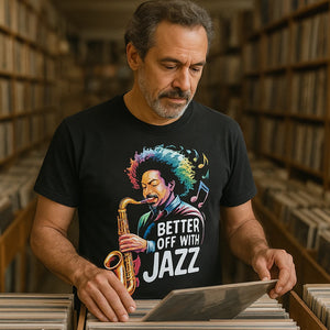 Lifestyle shot of the "Better Off With Jazz" black jazz music t shirt in a real-world setting