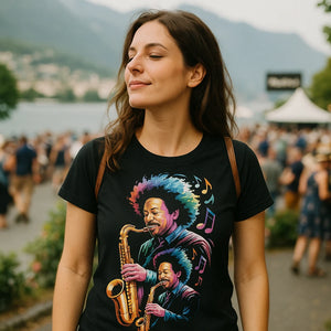 "Better Off With Jazz" black jazz music t shirt, photographed as gifts for jazz music lovers