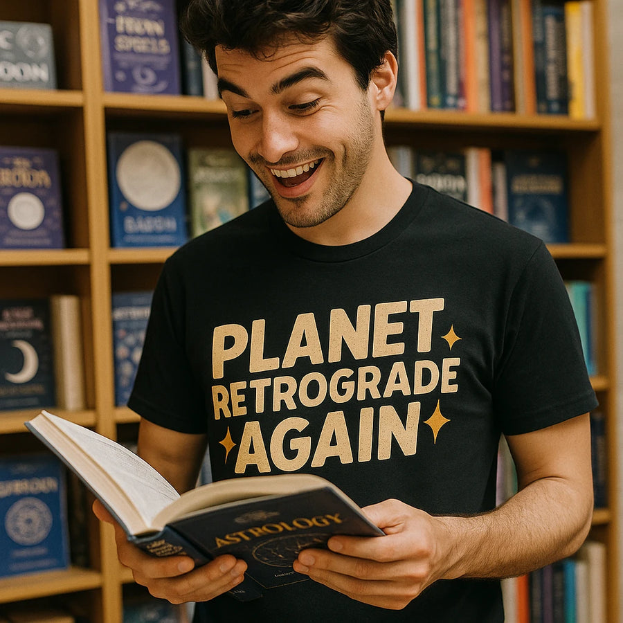 A person with dark hair is standing in a library or bookstore, looking excitedly at an open book titled "ASTROLOGY." They are wearing a black t-shirt with the text "PLANET RETROGRADE AGAIN" printed on it in large, bold letters. Behind them, shelves are filled with various books.