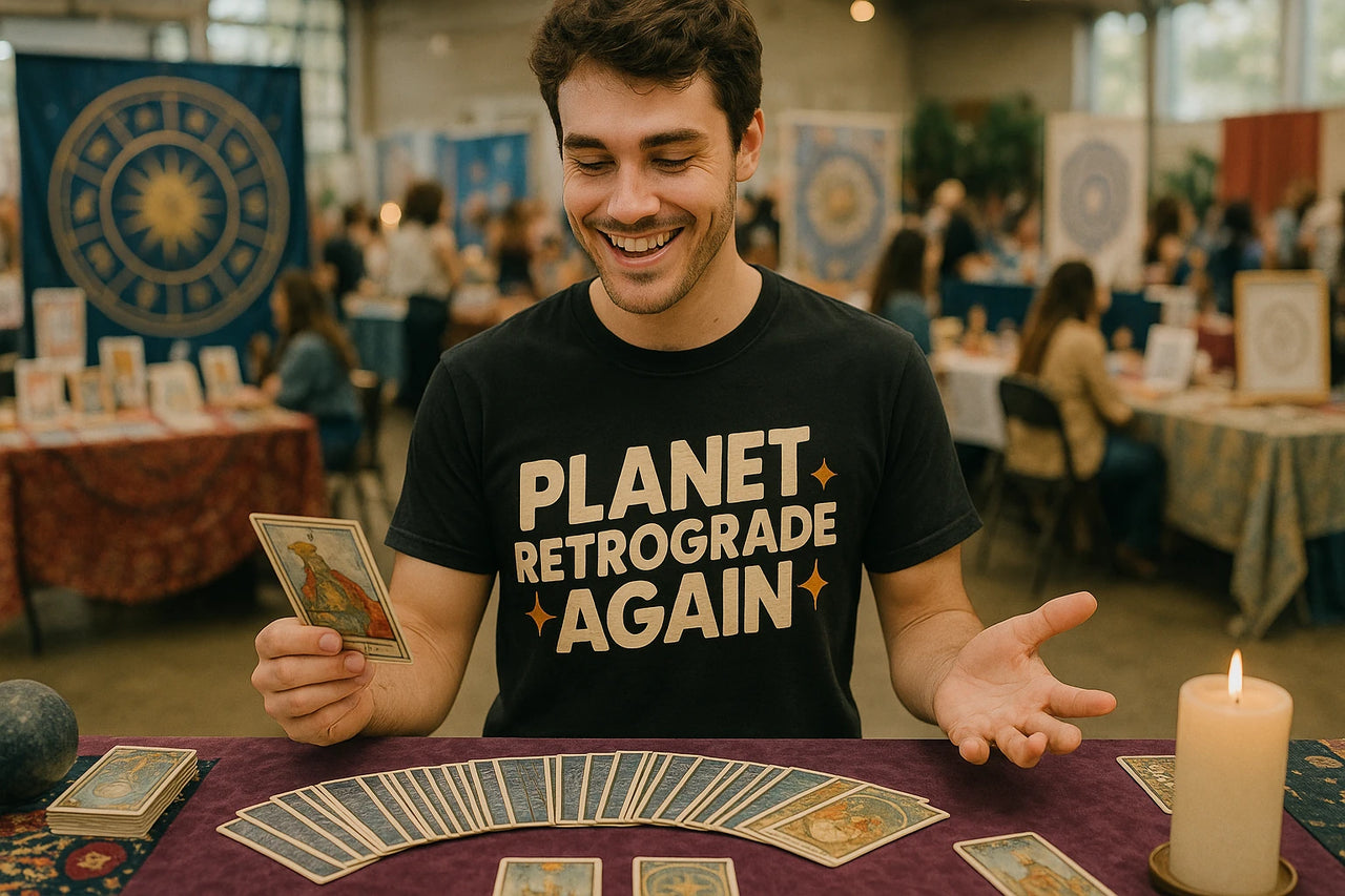 A person with short dark hair is sitting at a table with tarot cards laid out in front of them. They are holding a tarot card in one hand and gesturing with the other. They are wearing a black shirt with the text "PLANET RETROGRADE AGAIN" written on it. The background shows a room with several people seated at tables, possibly a fair or event.