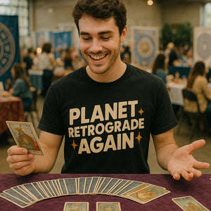 Lifestyle shot of the "Planet Retrograde Again" black astrology shirts in a real-world setting