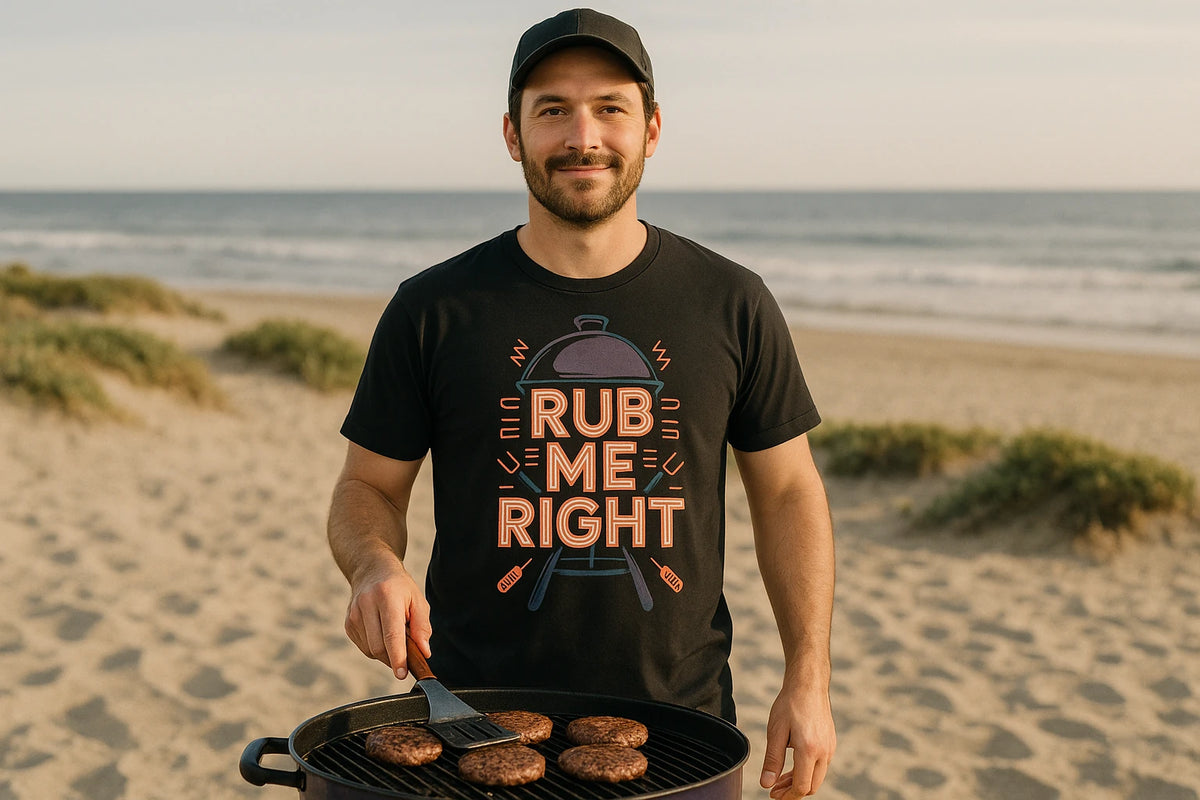 Lifestyle shot of the "Rub Me Right" black bbq shirts in a real-world setting