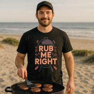 Lifestyle shot of the "Rub Me Right" black bbq shirts in a real-world setting