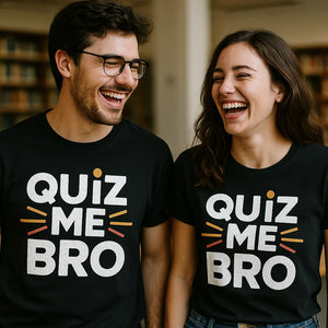 Person wearing the black studying t shirt graphic tee - "Quiz Me Bro" design
