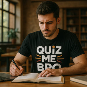 Lifestyle shot of the "Quiz Me Bro" black studying t shirt in a real-world setting