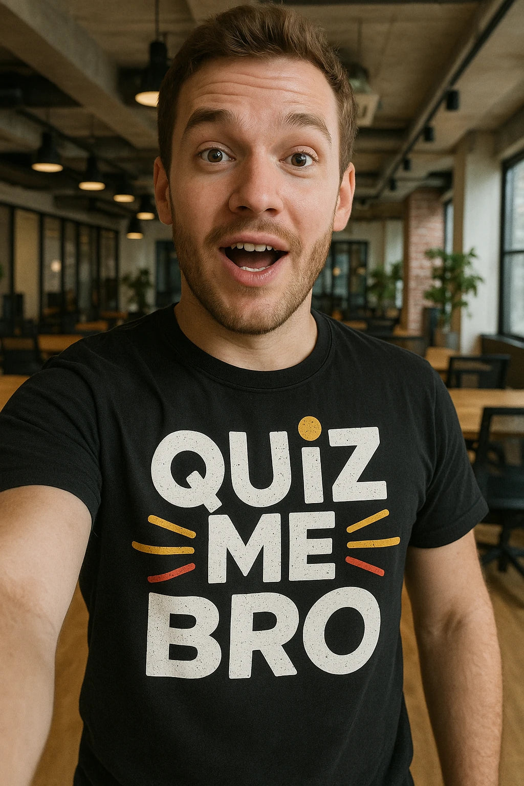 "Quiz Me Bro" black studying t shirt, photographed as studying lover gift