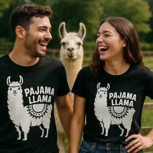 Person wearing the black llama llama t shirt graphic tee - "Pajama Llama" design