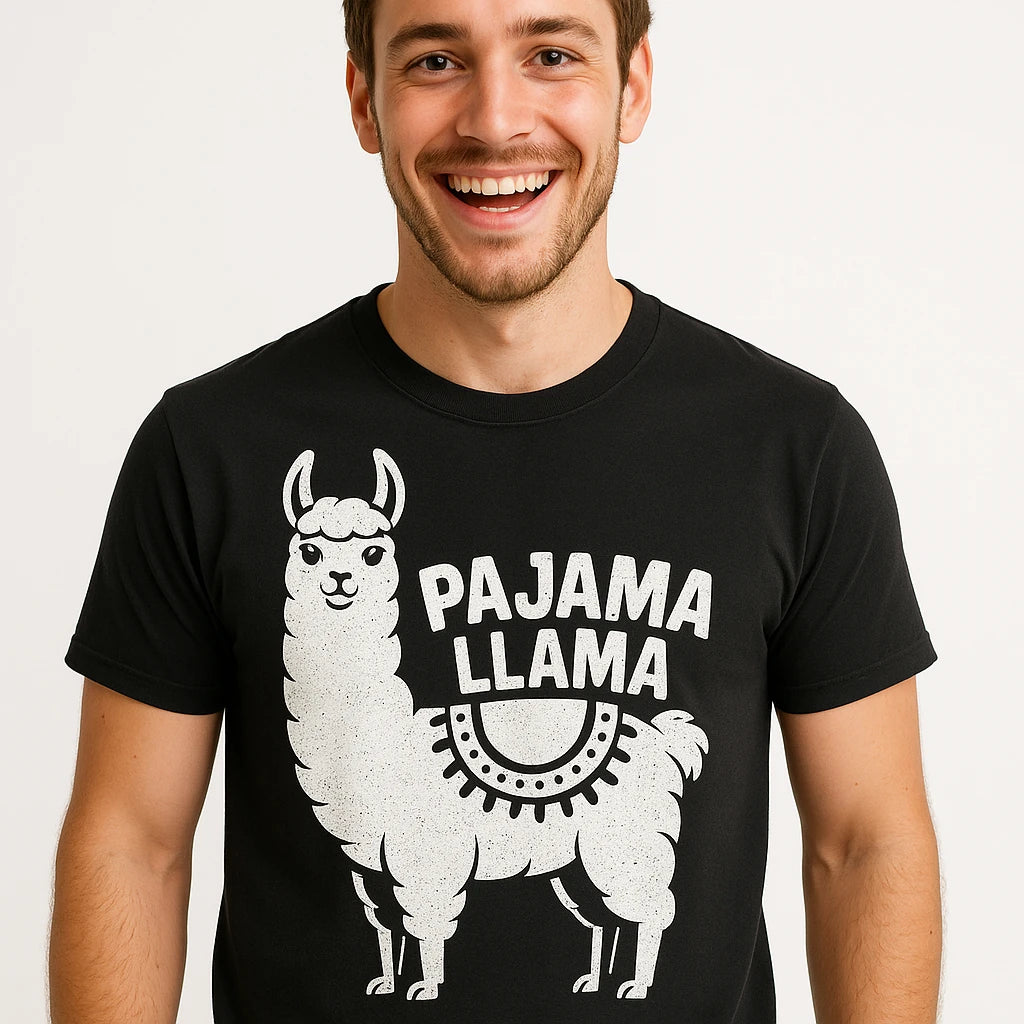Close-up of the "Pajama Llama" white print on a premium Bella+Canvas black llama llama t shirt