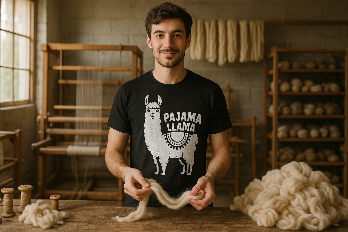 Lifestyle shot of the "Pajama Llama" black llama llama t shirt in a real-world setting