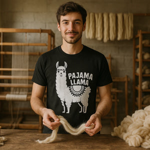 Lifestyle shot of the "Pajama Llama" black llama llama t shirt in a real-world setting