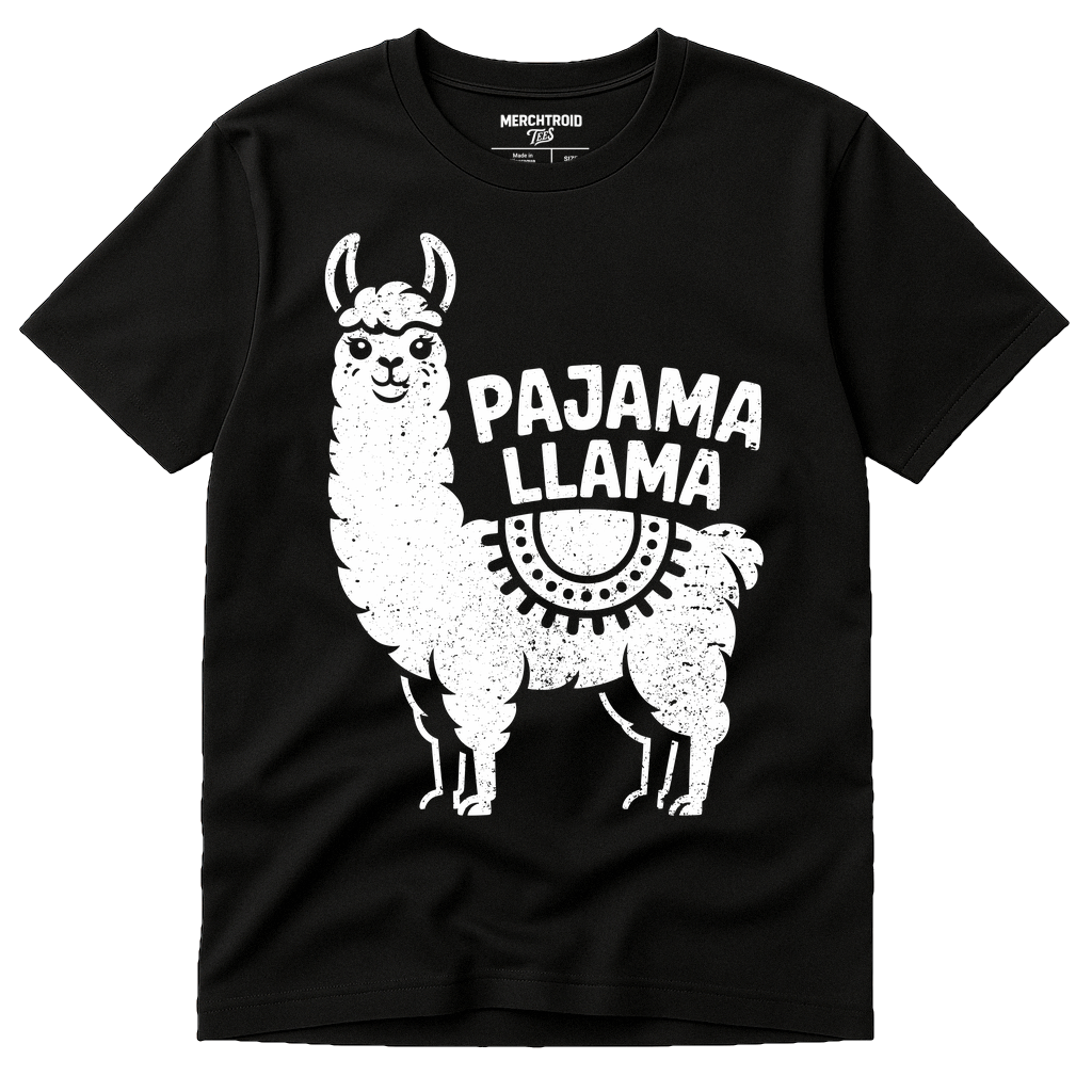 Black Llama Llama T Shirt - "Pajama Llama" graphic tee with white print, flat lay product photo