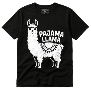 Black Llama Llama T Shirt - "Pajama Llama" graphic tee with white print, flat lay product photo
