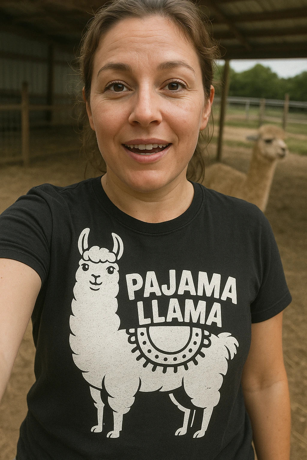 "Pajama Llama" black llama llama t shirt, photographed as llama lover gift