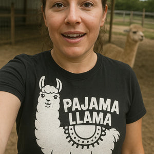 "Pajama Llama" black llama llama t shirt, photographed as llama lover gift