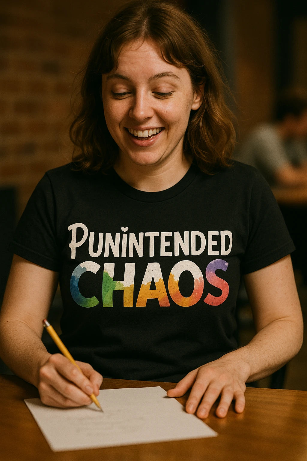 "Punintended Chaos" black comedy t shirts for him, photographed as gifts for comedy lovers
