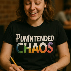 "Punintended Chaos" black comedy t shirts for him, photographed as gifts for comedy lovers