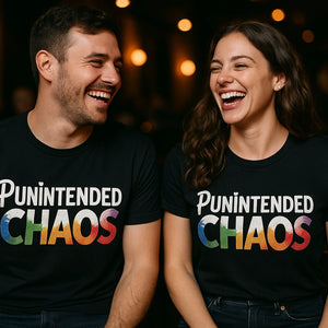 Person wearing the black comedy t shirts for him graphic tee - "Punintended Chaos" design