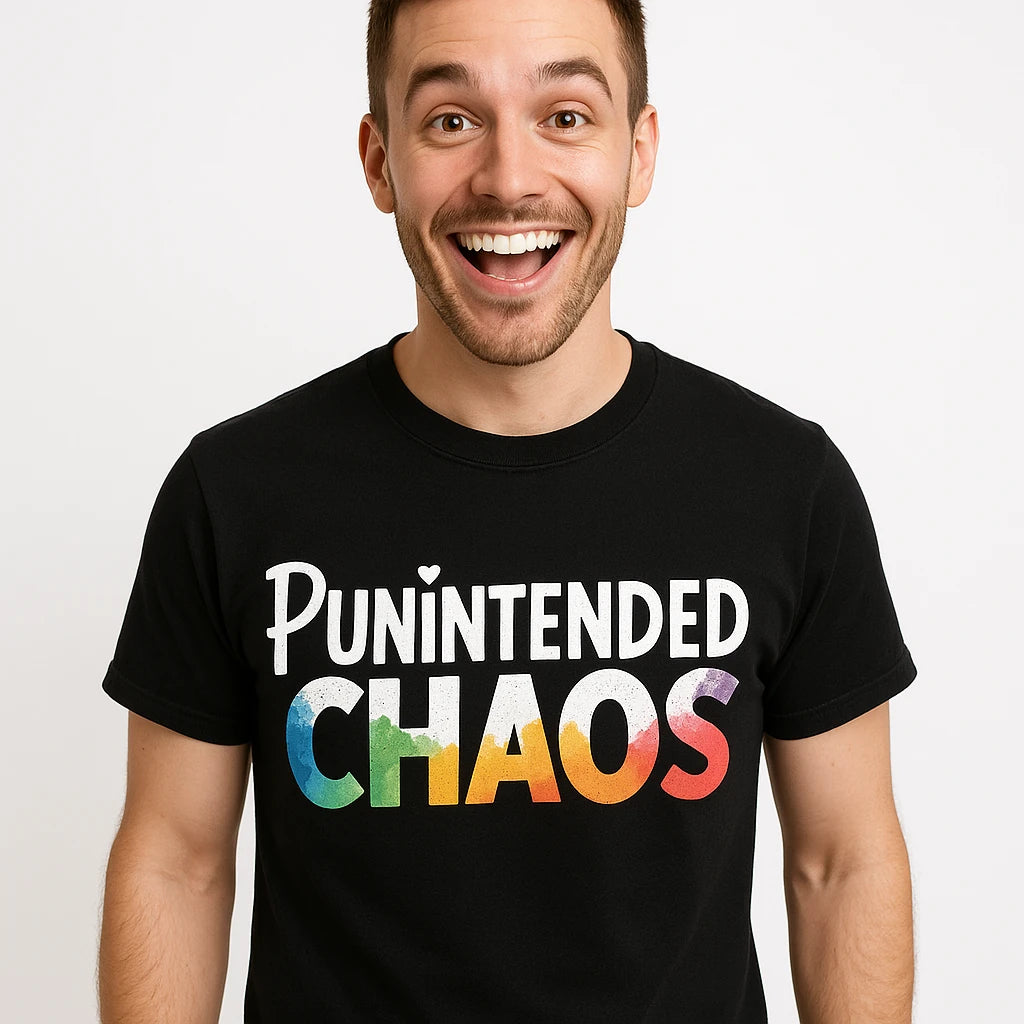 Close-up of the "Punintended Chaos" white print on a premium Bella+Canvas black comedy t shirts for him