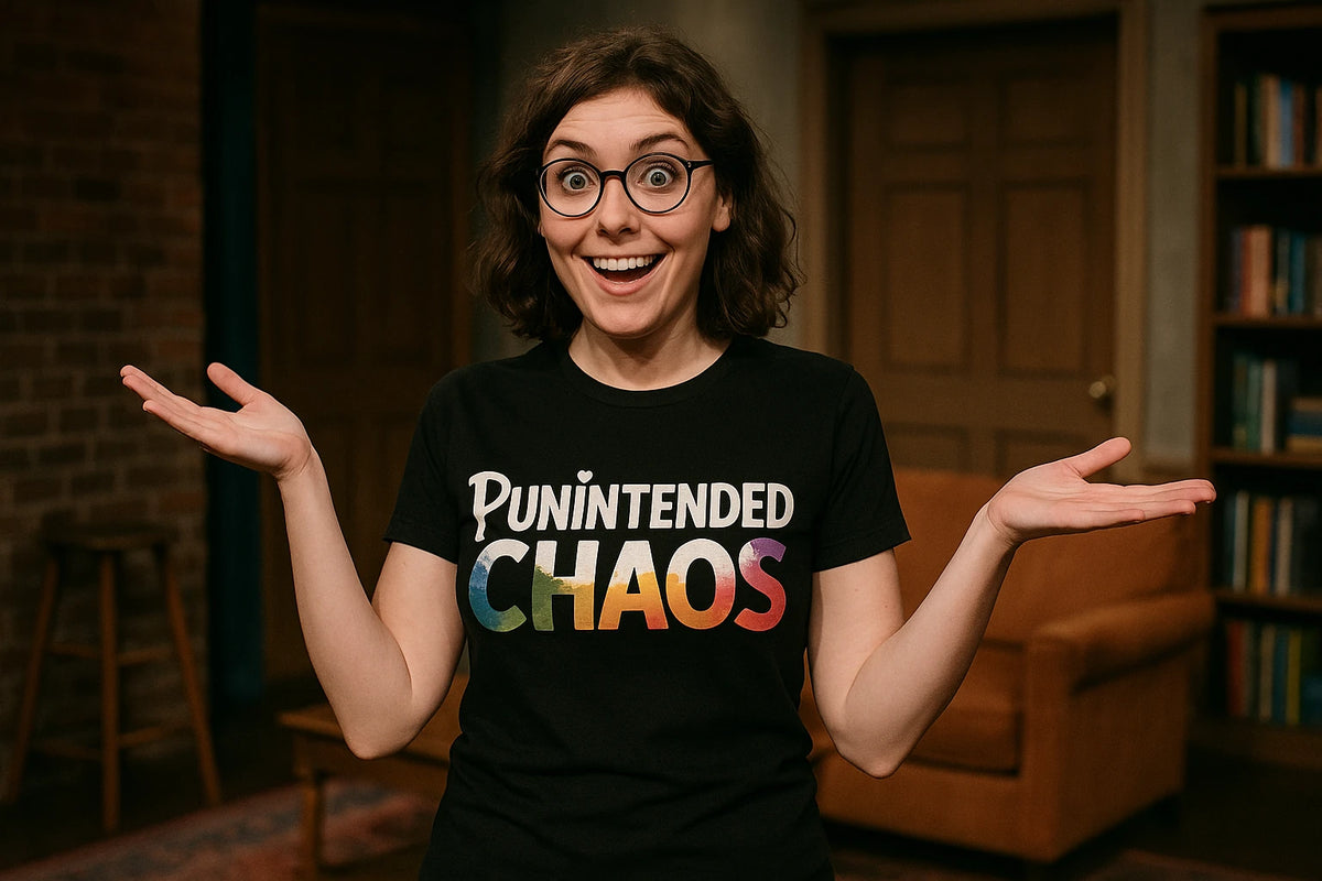 Lifestyle shot of the "Punintended Chaos" black comedy t shirts for him in a real-world setting