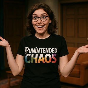 Lifestyle shot of the "Punintended Chaos" black comedy t shirts for him in a real-world setting