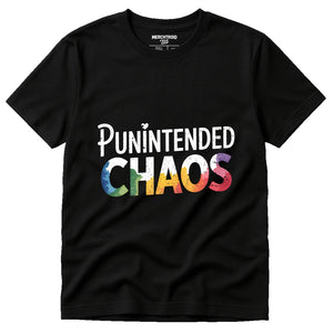 Black Comedy T Shirts For Him - "Punintended Chaos" graphic tee with white print, flat lay product photo