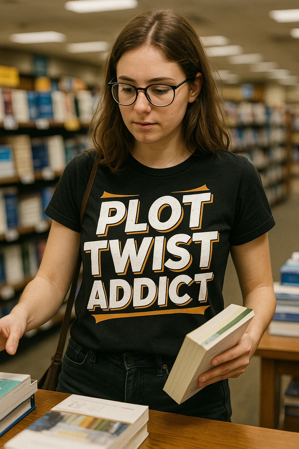"Plot Twist Addict" black book t shirt - also one of the best presents for book lovers
