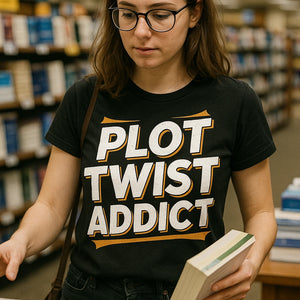 "Plot Twist Addict" black book t shirt - also one of the best presents for book lovers