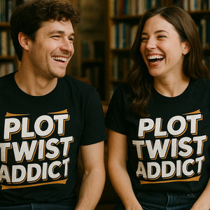 Person wearing the black book t shirt graphic tee - "Plot Twist Addict" design