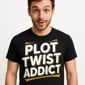 Close-up of the "Plot Twist Addict" white print on a premium Bella+Canvas black book t shirt