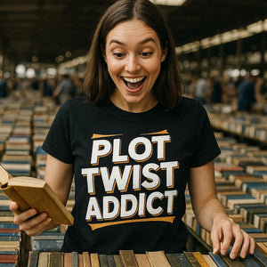 Lifestyle shot of the "Plot Twist Addict" black book t shirt in a real-world setting