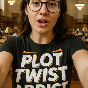 "Plot Twist Addict" black book t shirt - also a bookish gift ideas