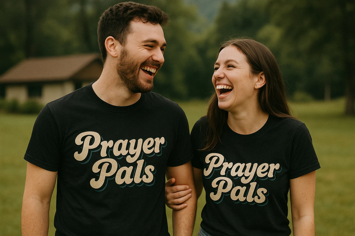 Person wearing the black faith over fear t shirt graphic tee - "Prayer Pals" design