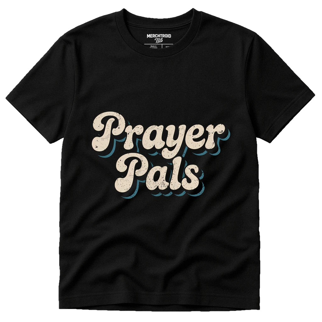 Black Faith Over Fear T Shirt - "Prayer Pals" graphic tee with beige print, flat lay product photo