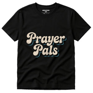 Black Faith Over Fear T Shirt - "Prayer Pals" graphic tee with beige print, flat lay product photo