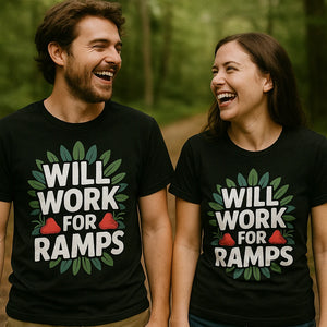 Person wearing the black foraging shirts graphic tee - "Will Work for Ramps" design