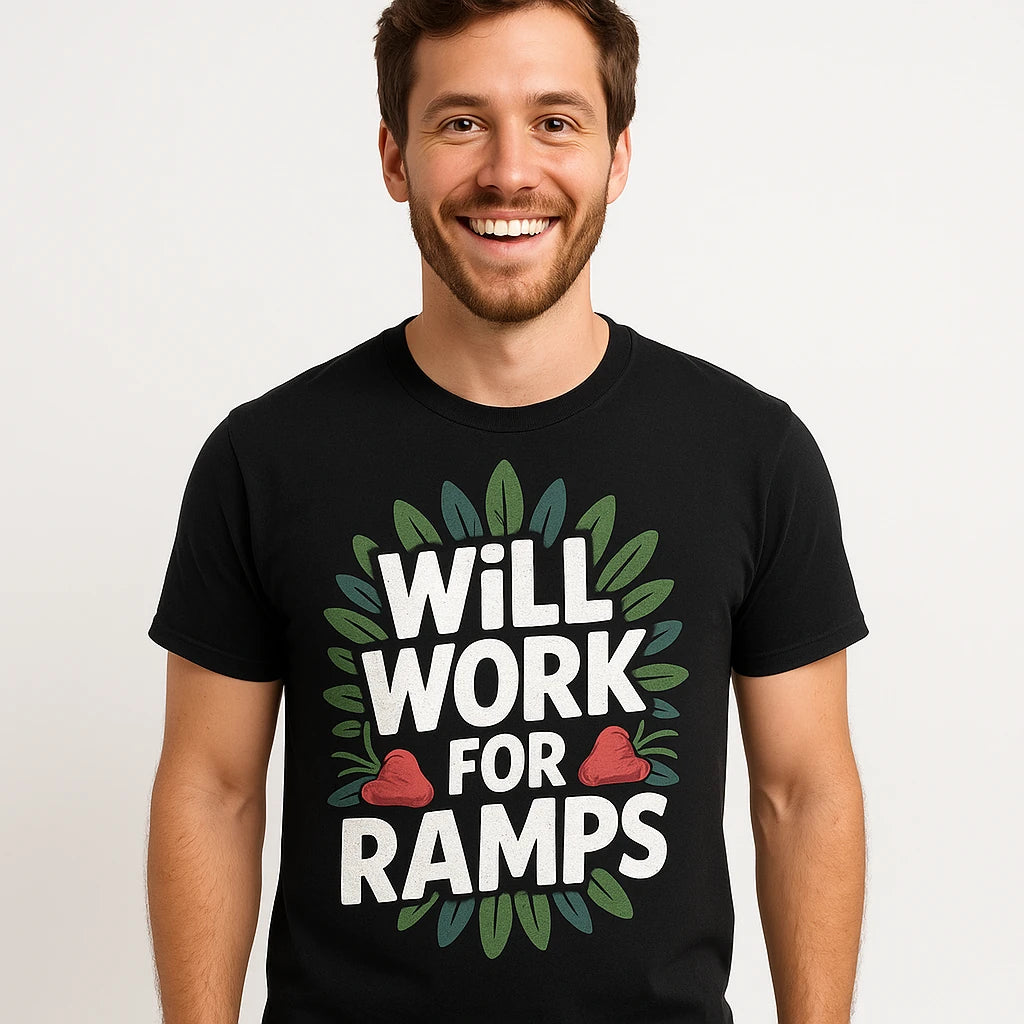 Close-up of the "Will Work for Ramps" white print on a premium Bella+Canvas black foraging shirts