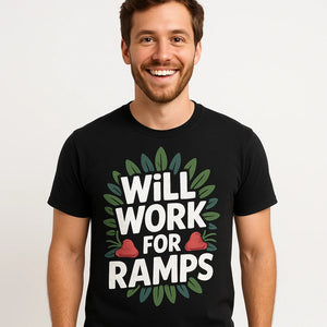 Close-up of the "Will Work for Ramps" white print on a premium Bella+Canvas black foraging shirts