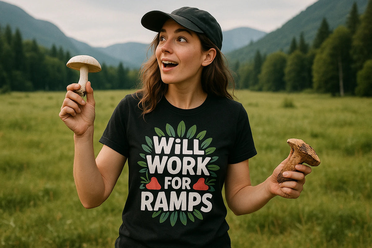 Lifestyle shot of the "Will Work for Ramps" black foraging shirts in a real-world setting