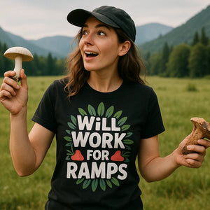 Lifestyle shot of the "Will Work for Ramps" black foraging shirts in a real-world setting